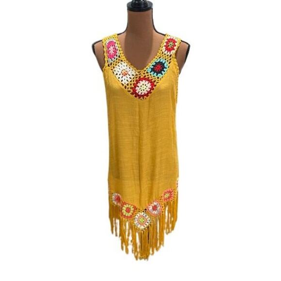 Favlux fashion Dresses & Skirts - Favlux Fashion Sleeveless Shift Crochet Dress with Fringe in Yellow – Size Large